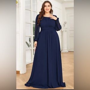 SHEIN EVER-PRETTY Plus Scoop Neck Lantern Sleeve Dress - Navy Blue 2XL